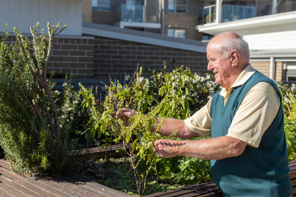 Warrigal villager gardening while smiling in the sun