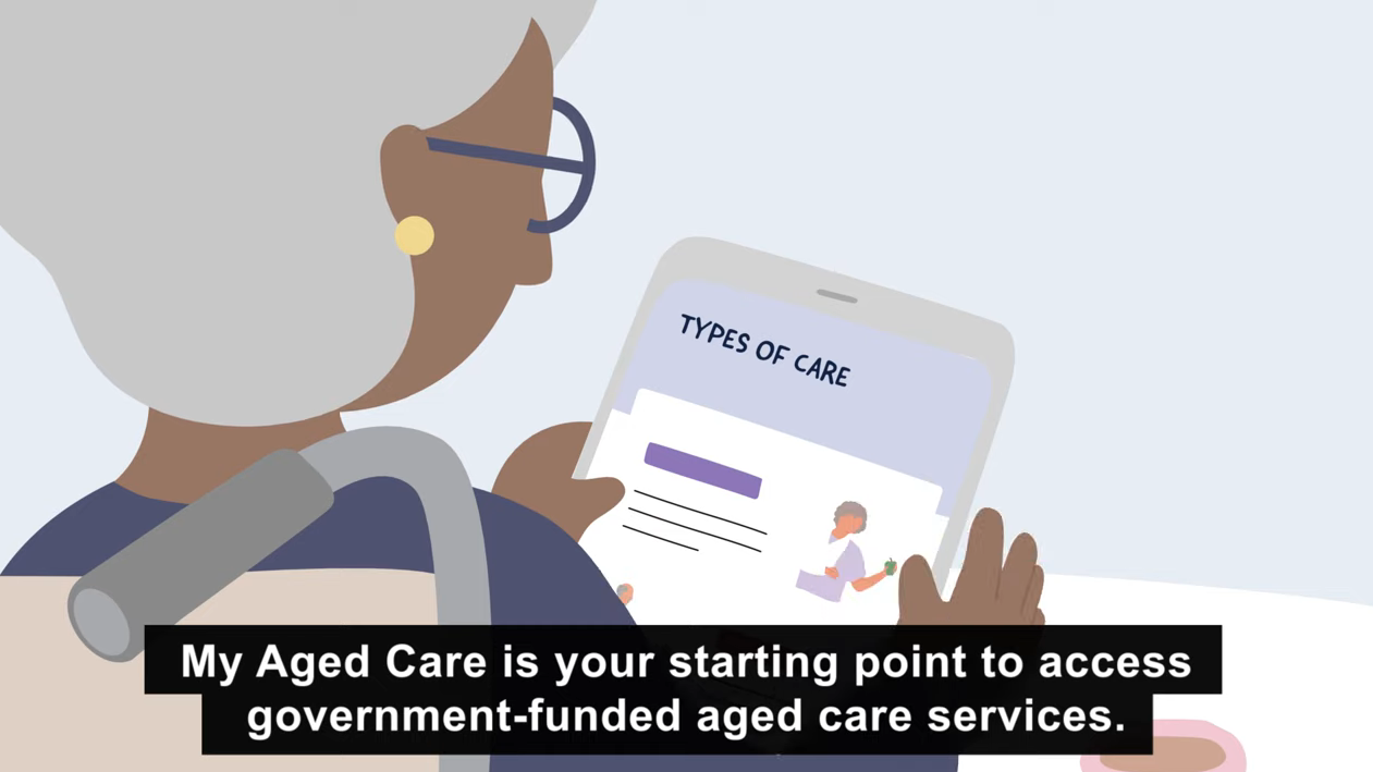 My Gov my aged care video thumbnail displaying an older person using an ipad